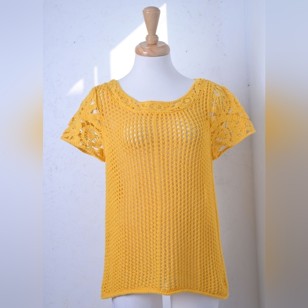 Peter nygard | Canary yellow crochet cottagecore knit t shirt - Picture 13 of 13